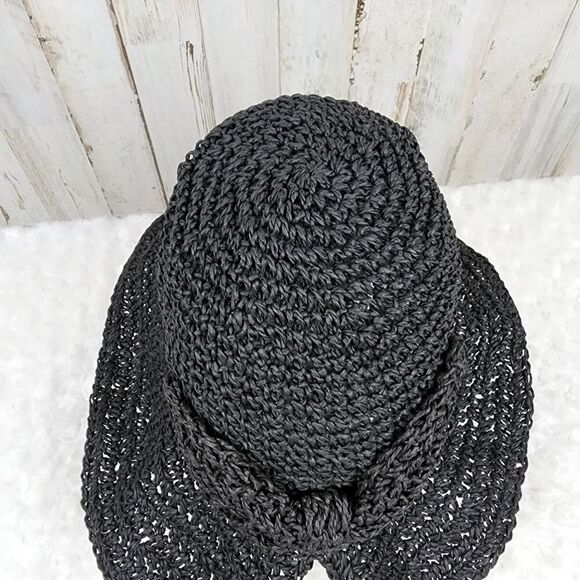 Black Wide Brim Raffia Bow Sun Hat One Size - Picture 4 of 7